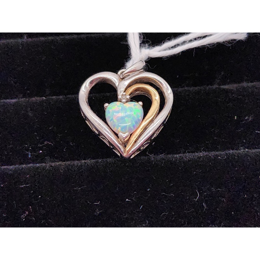 .925 Sterling Silver & 14K Gold Heart Pendant w/ Lab Fire Heart Shaped Opal